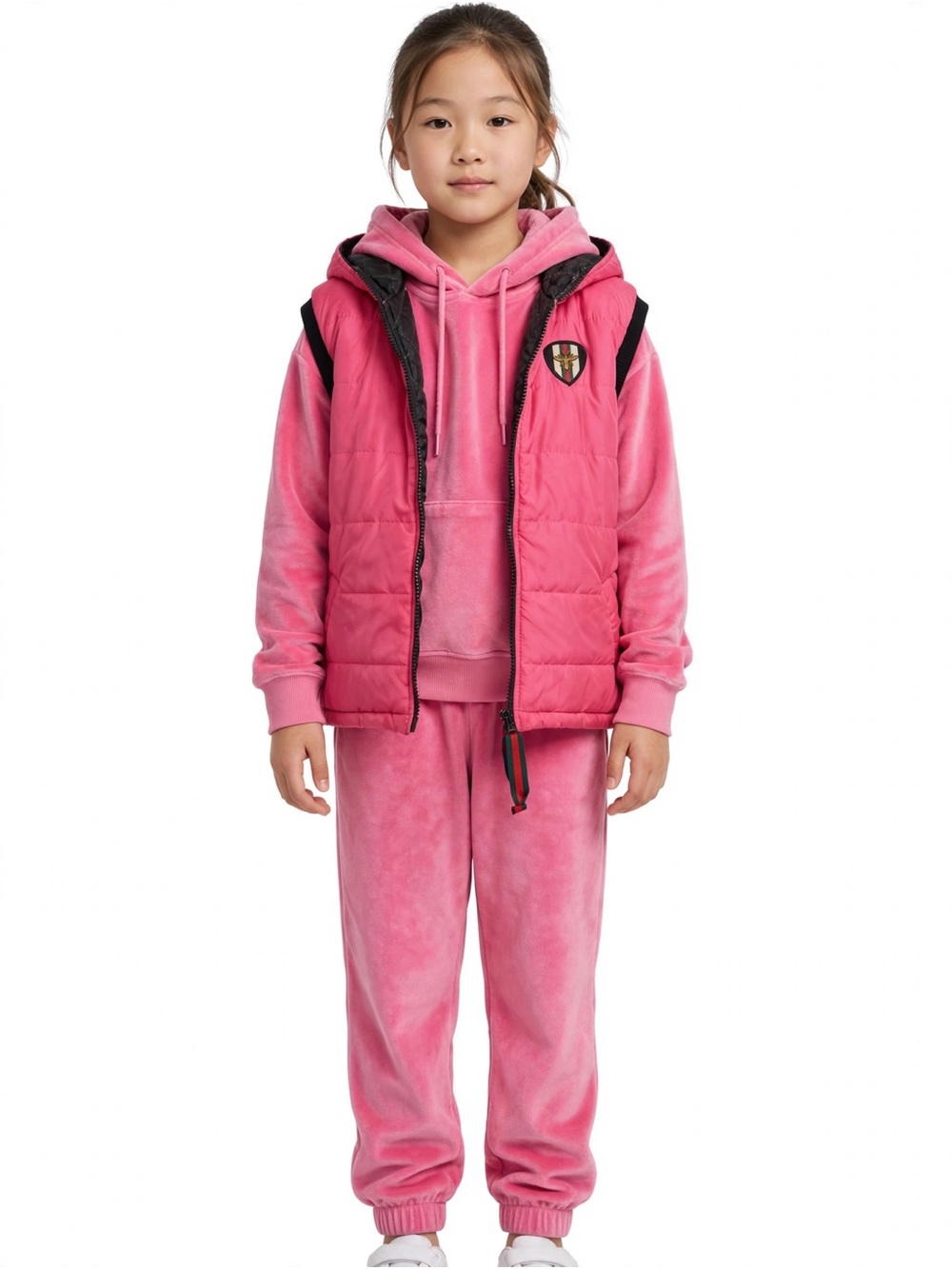 Local European Pink Kids Matching Velour Hoodie, Pants & Puffer Vest Set